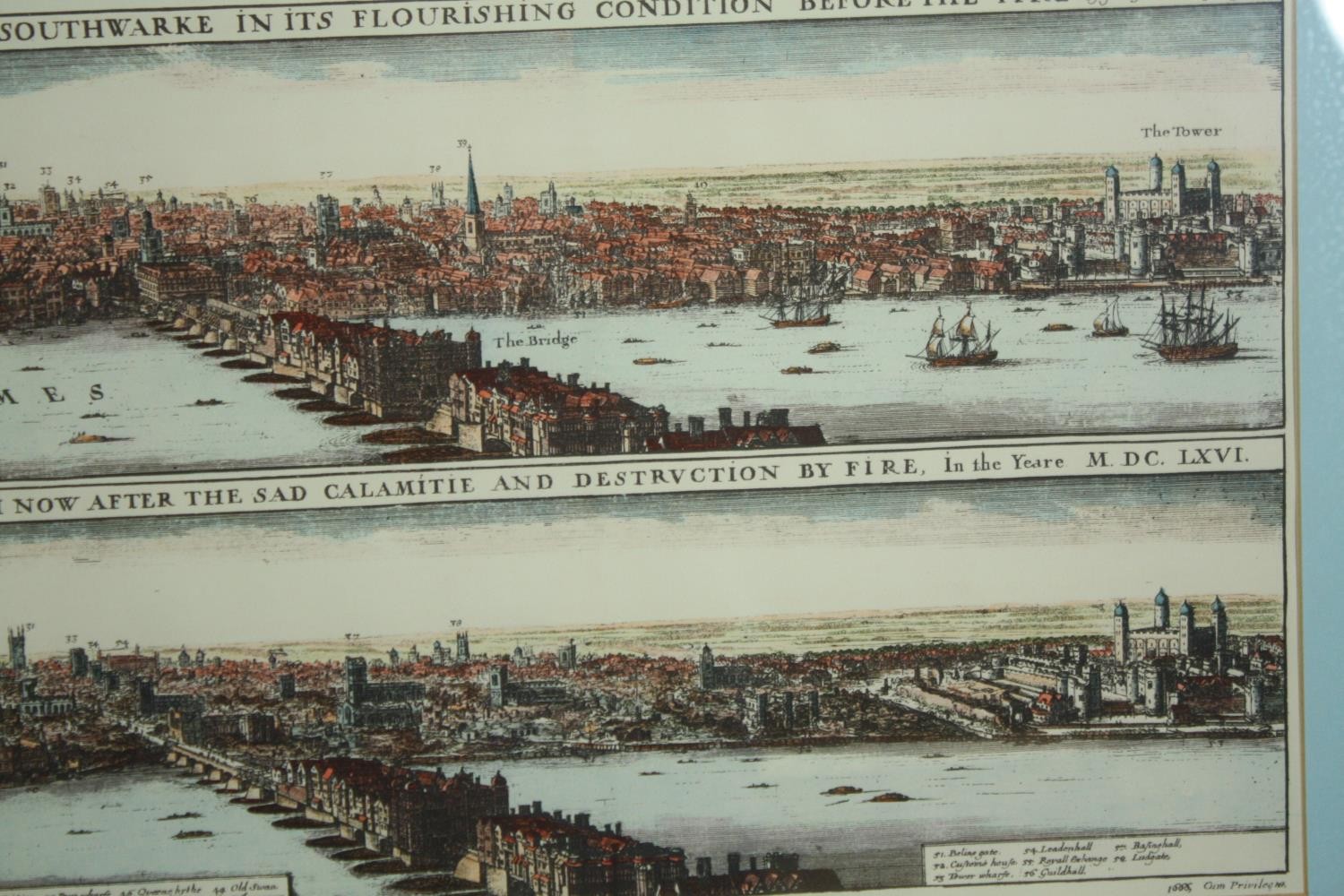 Engraving, 19th century hand coloured, London before and after the fire, framed and glazed. H.48 W. - Image 5 of 6