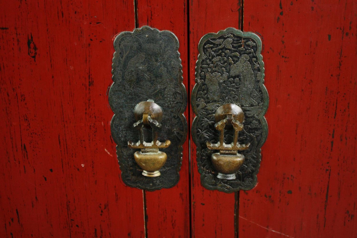 Hall cupboard, Chinese lacquered with incised bronze locking plate and fitted with base drawers. H. - Image 7 of 8