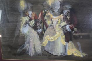 Acrylic on paper, figures in 18th century costume signed Cynthia Jaigey. H.54 W.70cm.