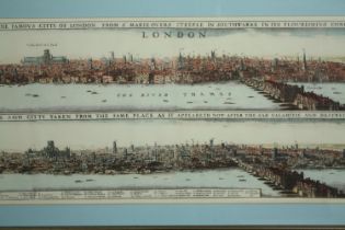 Engraving, 19th century hand coloured, London before and after the fire, framed and glazed. H.48 W.