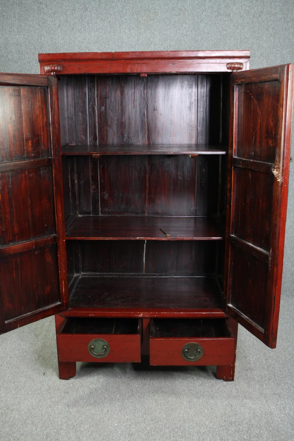 Hall cupboard, Chinese lacquered with incised bronze locking plate and fitted with base drawers. H. - Image 6 of 8