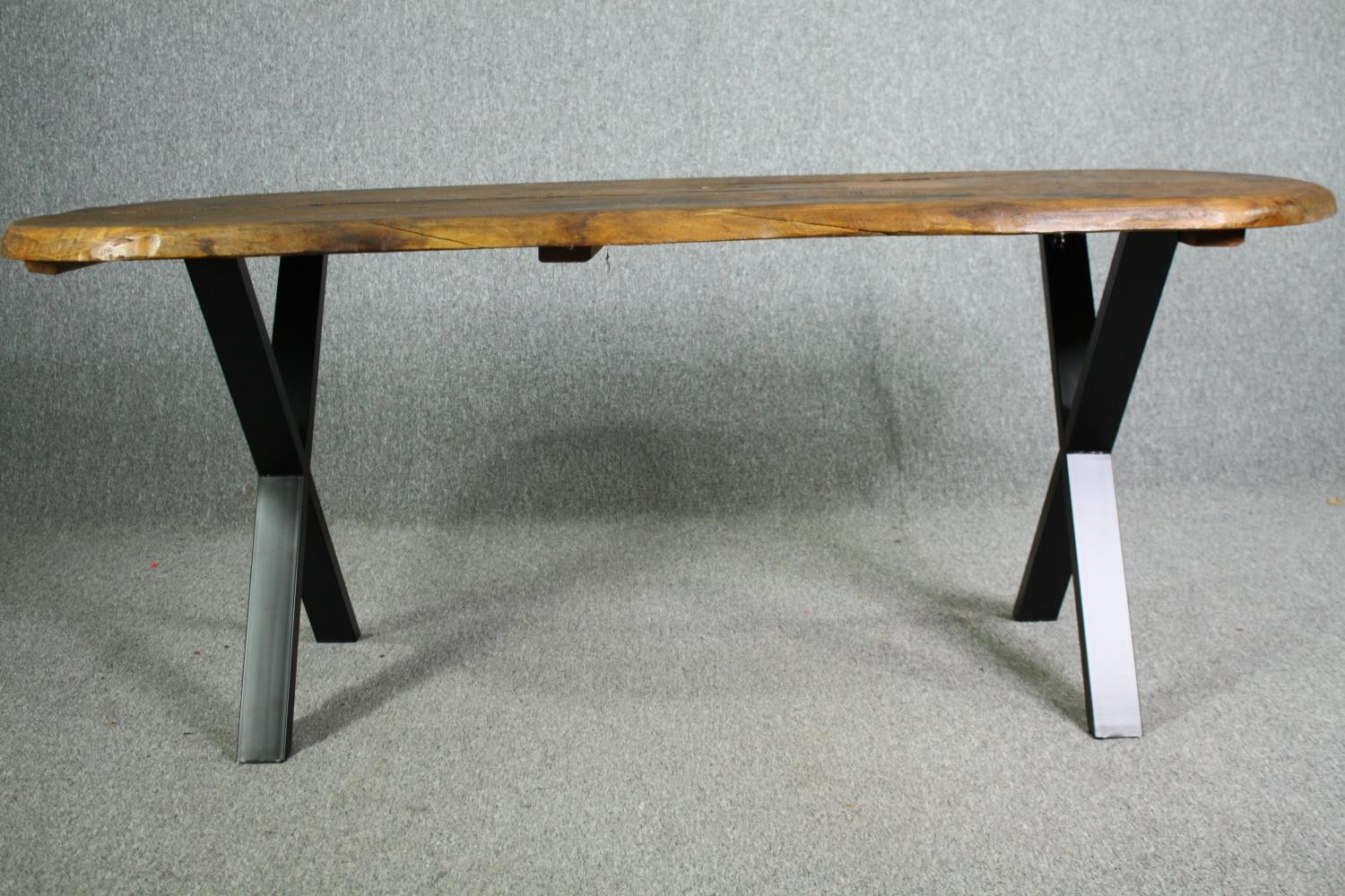 Dining table, rough hewn hardwood top on metal X trestle base. H.76 W.184 D.78cm. - Image 2 of 8