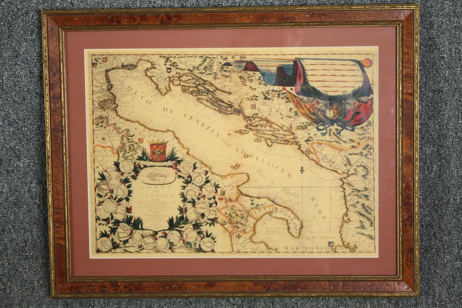 A 19th century engraved map, hand coloured, Golfo di Venezia, framed and glazed. H.43 W.54cm. - Image 2 of 4