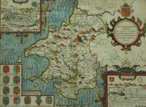 A 19th century glazed and framed double sided map; Pembrokeshire. H.43 W.56cm.