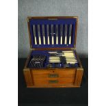 Cutlery canteen, 19th century oak cased, Oliver and Bowers. H.23 W.45 D.31cm. (Case)