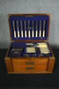 Cutlery canteen, 19th century oak cased, Oliver and Bowers. H.23 W.45 D.31cm. (Case)