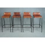 A set of four leather and metal framed high stools. H.88cm. (each)