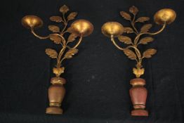 A pair of gilt metal twin branch wall candleholders. L.52cm. (Each).