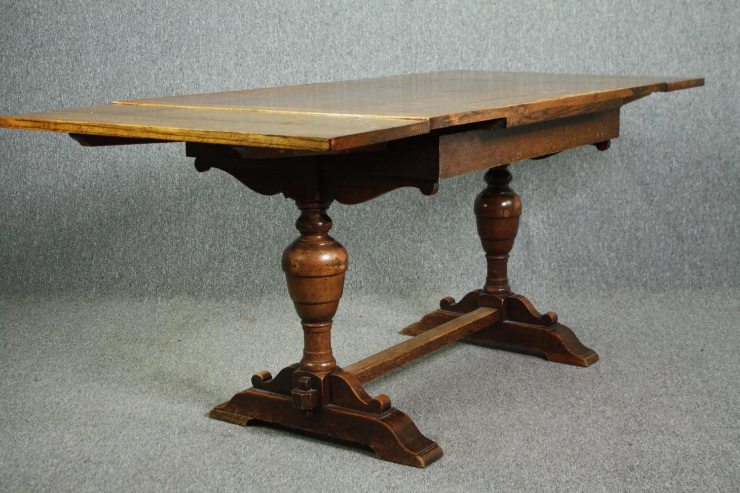 Dining table, mid century oak Jacobean style with draw leaf action. H.76 W.183 (ext) D.83cm. - Image 4 of 6