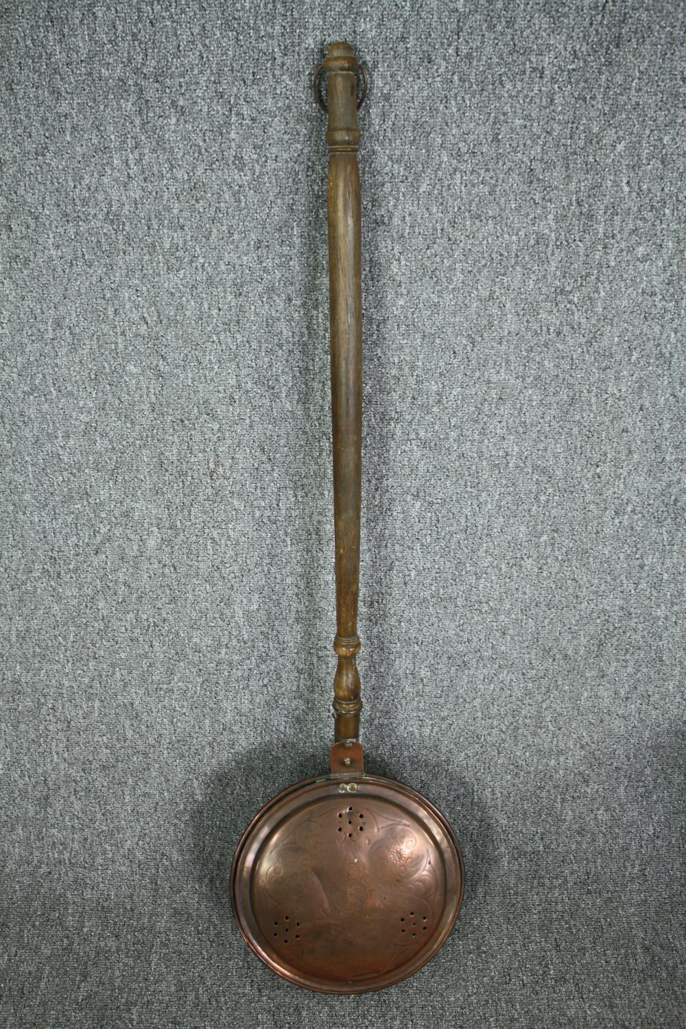 An antique oak stool on stretchered supports along with a 19th century candle box and a bed - Image 3 of 8