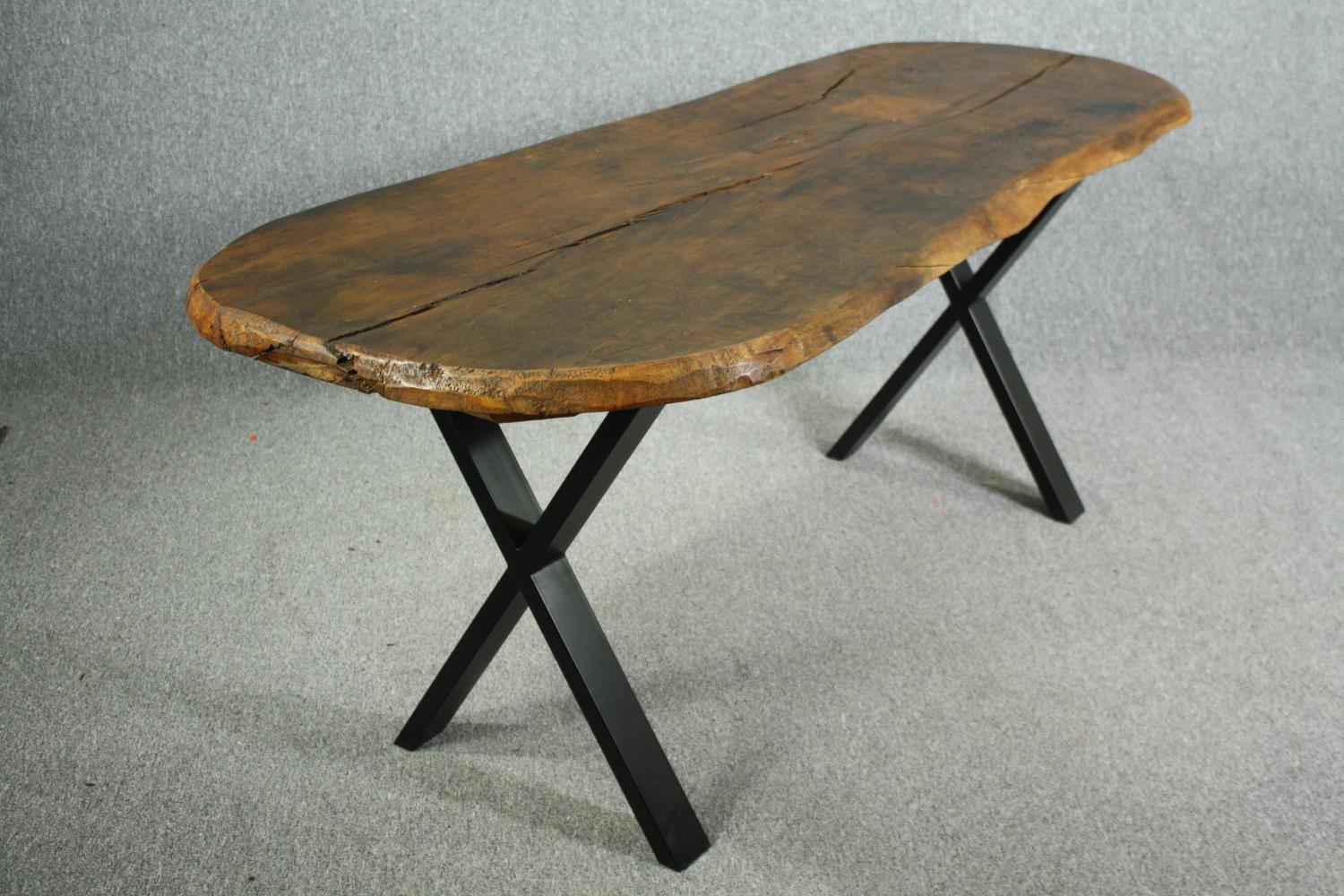 Dining table, rough hewn hardwood top on metal X trestle base. H.76 W.184 D.78cm. - Image 3 of 8