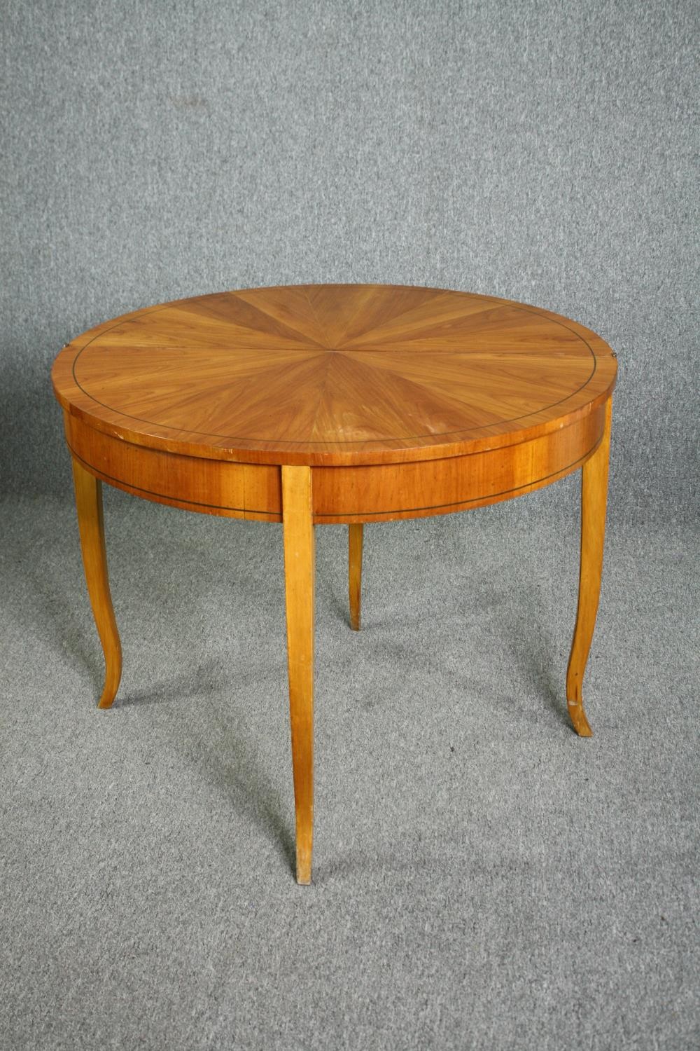 Tea table, late 19th century segment veneered birch with foldover top raised on slender cabriole - Image 6 of 7