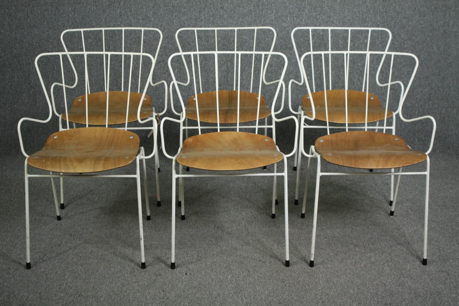 A set of six vintage Ernest Race Antelope chairs with laminated moulded panel seats. (Designed for