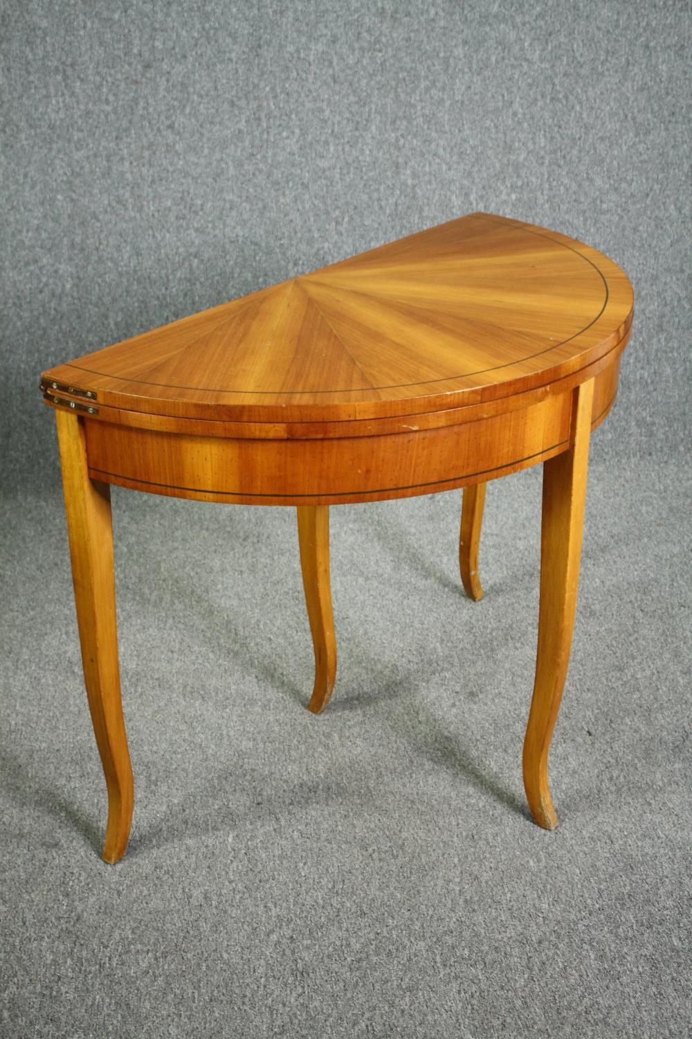 Tea table, late 19th century segment veneered birch with foldover top raised on slender cabriole - Image 2 of 7