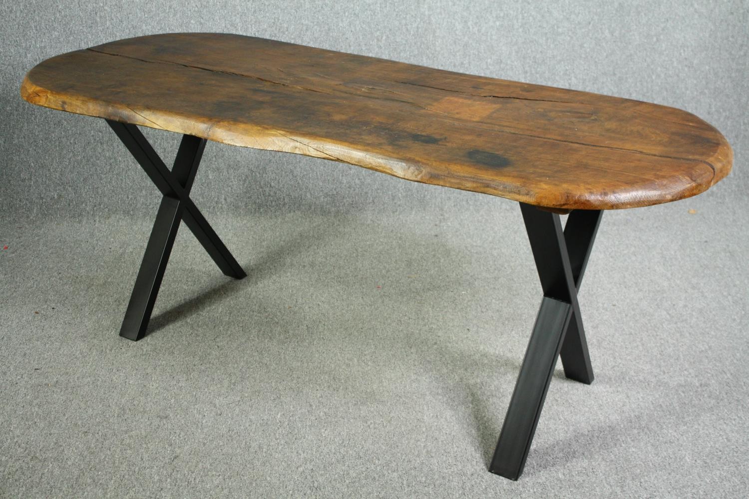 Dining table, rough hewn hardwood top on metal X trestle base. H.76 W.184 D.78cm. - Image 4 of 8