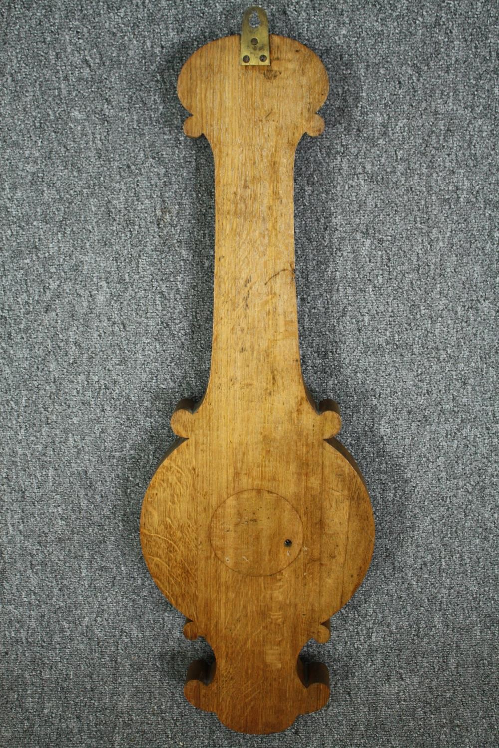 Barometer, 19th century oak, banjo shaped with silvered dial and thermometer. H.83cm. - Image 7 of 7