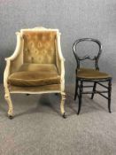 A C.1900 painted tub chair and a late 19th Mother of Pearl inlaid bedroom chair. H.85cm.