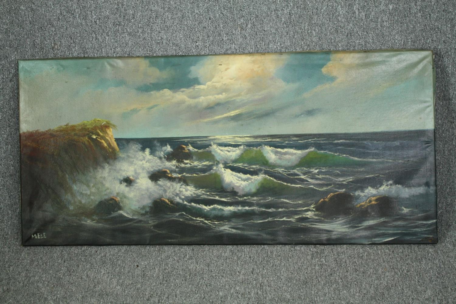 Oil on canvas, a stormy sea, signed Mele. Unframed. H.59 W.128cm. - Image 2 of 4