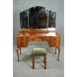 Dressing table, mid century walnut along with a dressing stool. H.148 W.115 D.50cm. (Front leg of