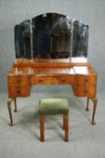 Dressing table, mid century walnut along with a dressing stool. H.148 W.115 D.50cm. (Front leg of