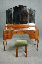 Dressing table, mid century walnut along with a dressing stool. H.148 W.115 D.50cm. (Front leg of