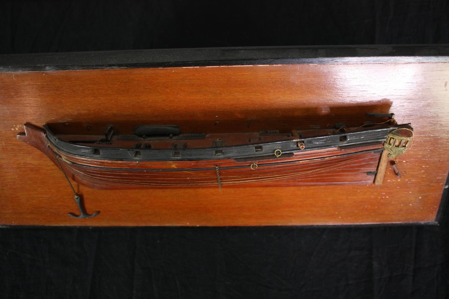 A scratch built model of a boat hull on a wall mounting panel. H.20 W.49cm. - Image 6 of 7