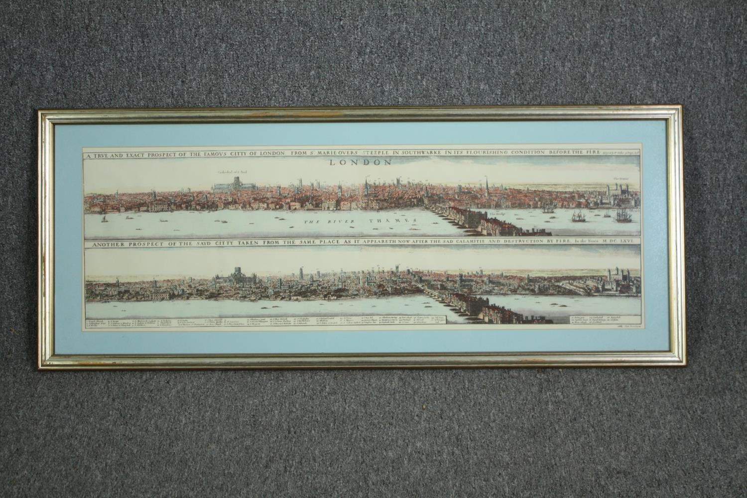 Engraving, 19th century hand coloured, London before and after the fire, framed and glazed. H.48 W. - Image 2 of 6