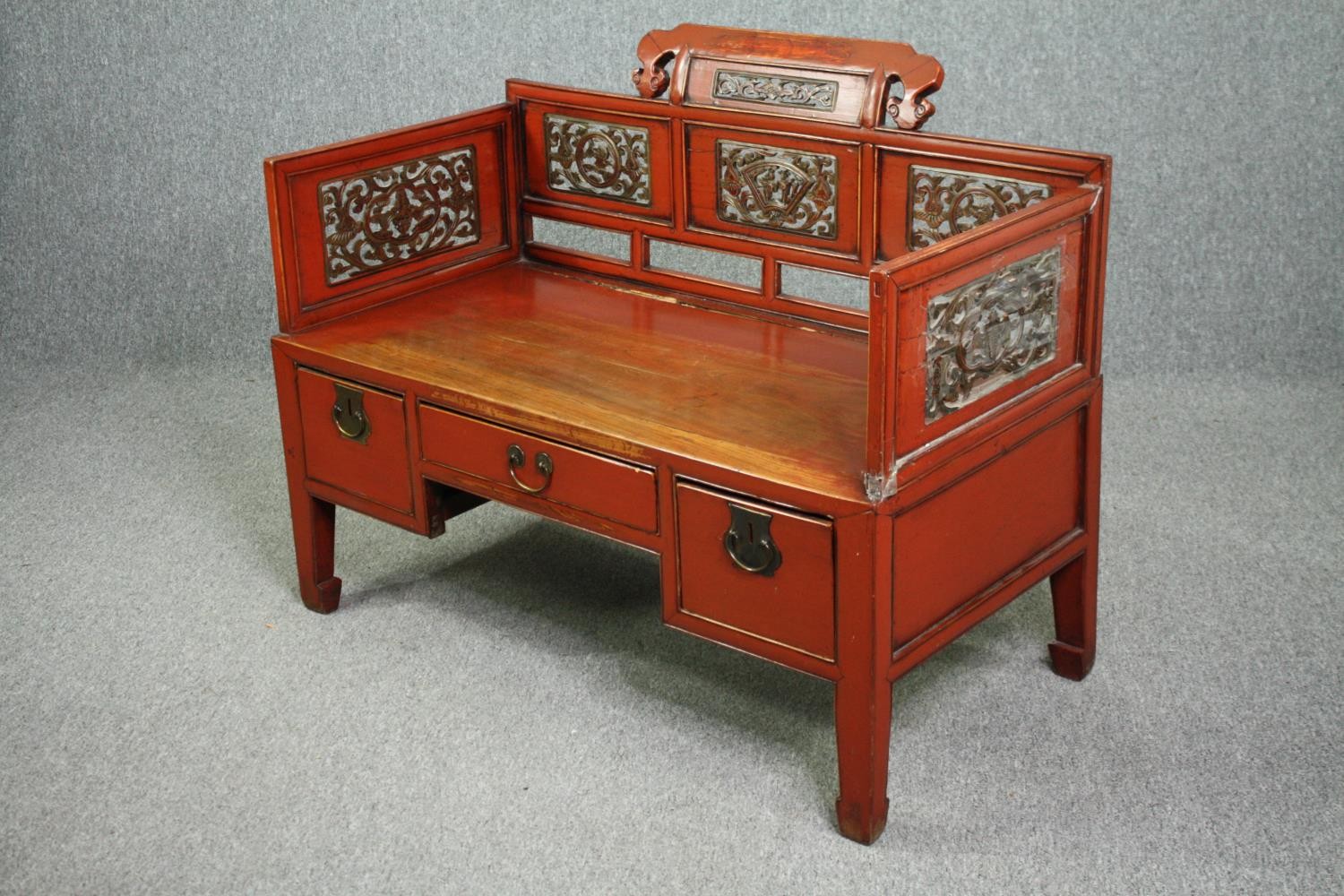 A 19th century Chinese window seat, lacquered polychrome and carved fitted with drawers to the base. - Image 3 of 10
