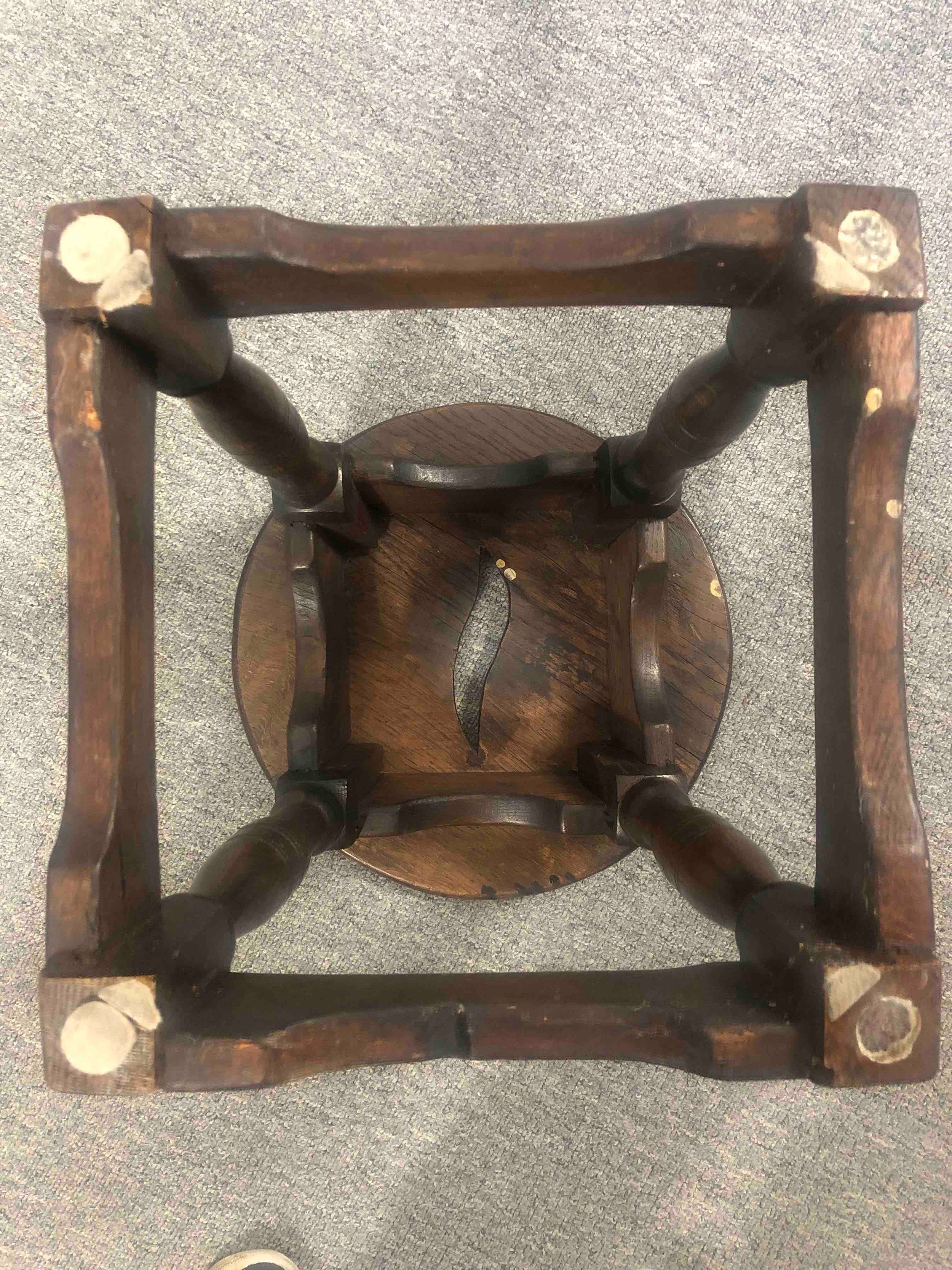 An antique oak stool on stretchered supports along with a 19th century candle box and a bed - Image 8 of 8