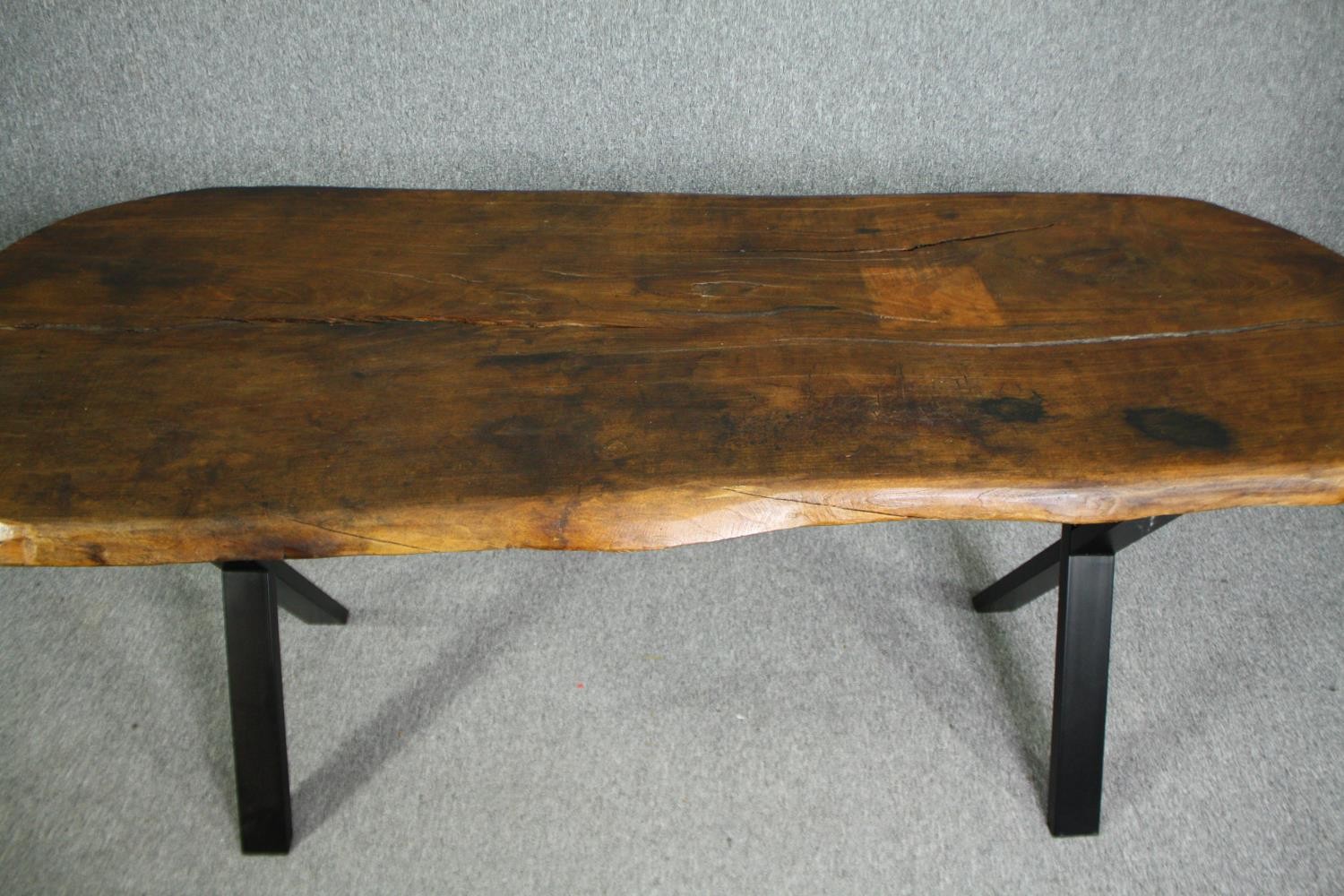 Dining table, rough hewn hardwood top on metal X trestle base. H.76 W.184 D.78cm. - Image 7 of 8