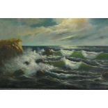 Oil on canvas, a stormy sea, signed Mele. Unframed. H.59 W.128cm.