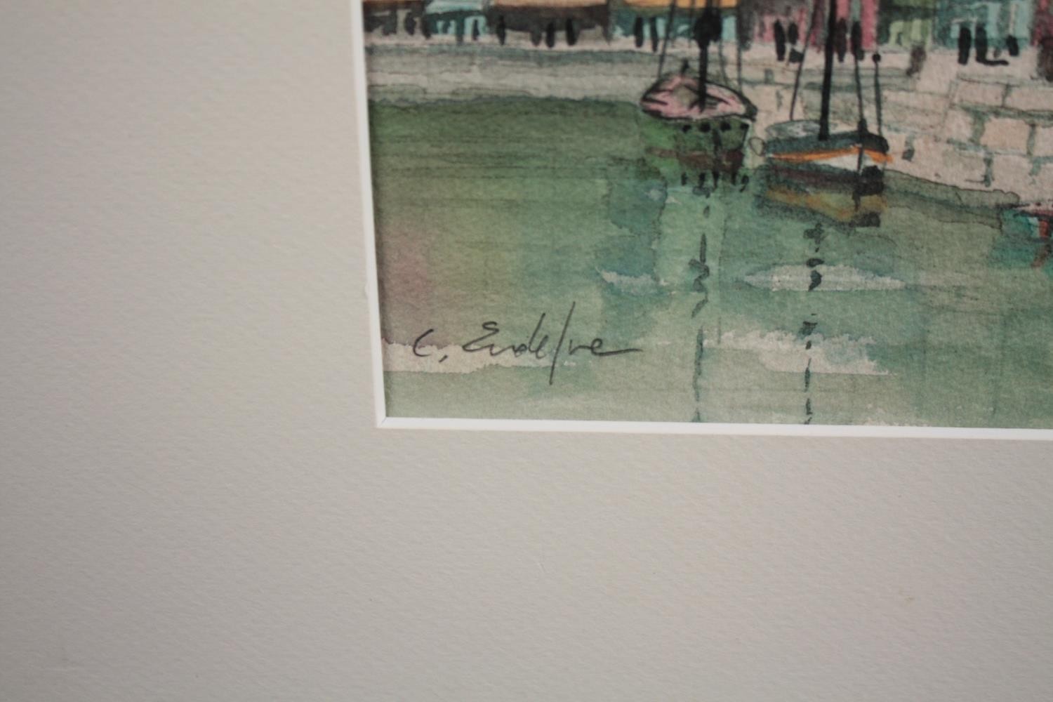 Watercolour. A harbour scene. Mounted, but unframed. Signed in pencil low right. H.30 W.40cm. - Image 3 of 5