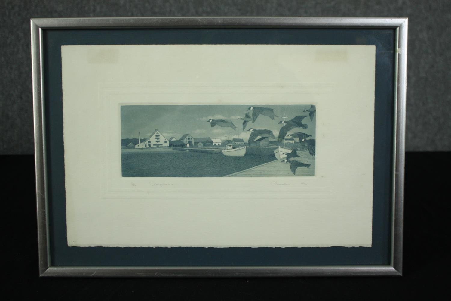 Etching, a skein of geese, framed and glazed, numbered edition signed and dated Pascale. H.30 W. - Image 2 of 6