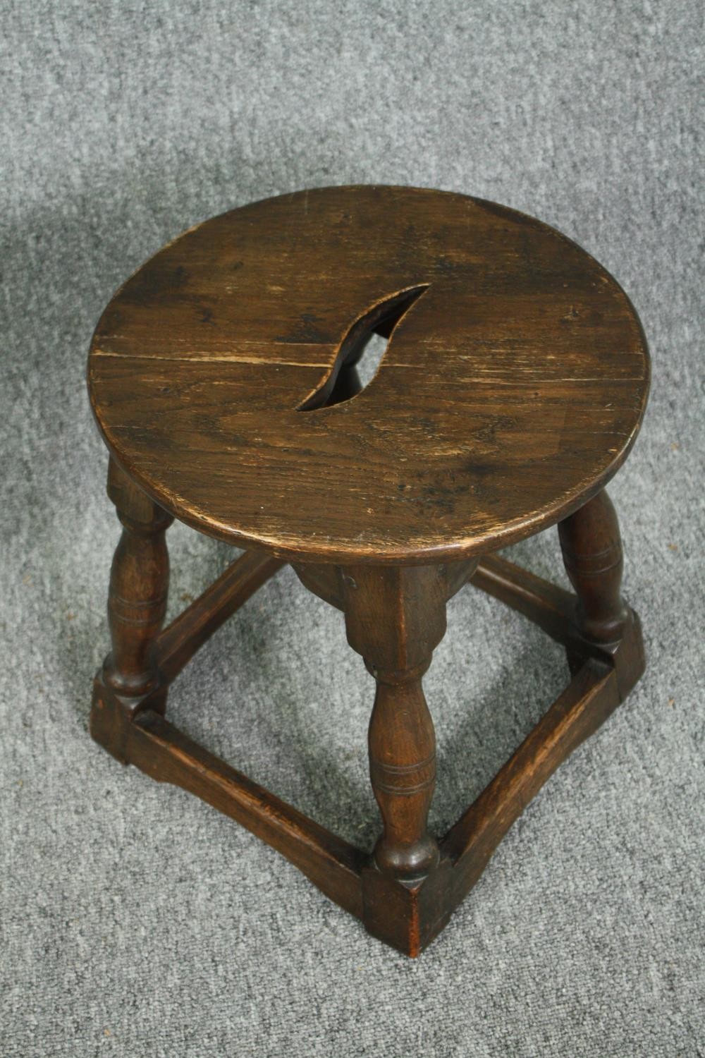 An antique oak stool on stretchered supports along with a 19th century candle box and a bed - Image 2 of 8