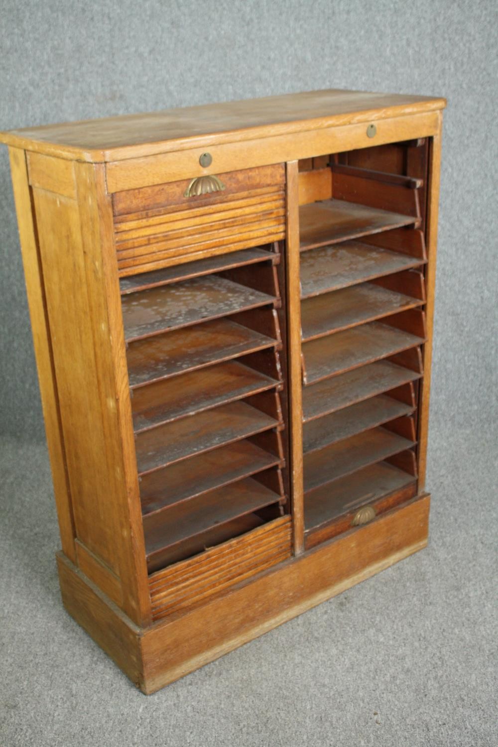 Filing cabinet, late 19th century oak. (Tambour shutter in need of repair). H.120 W.93 D.41cm. - Image 2 of 6