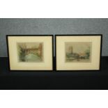 A pair of framed and glazed etchings, Magdalene Tower and Bridge, Oxford and another, signed in