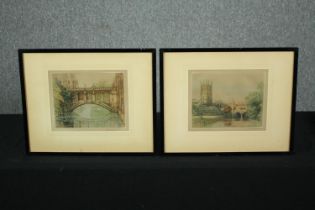 A pair of framed and glazed etchings, Magdalene Tower and Bridge, Oxford and another, signed in