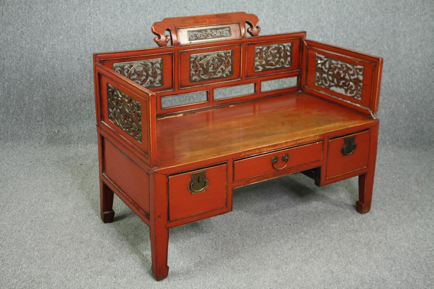 A 19th century Chinese window seat, lacquered polychrome and carved fitted with drawers to the base. - Image 2 of 10