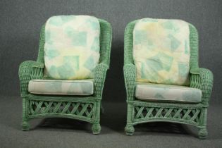A pair of contemporary loom style conservatory armchairs. H.103 W.73 D.80cm. (each)