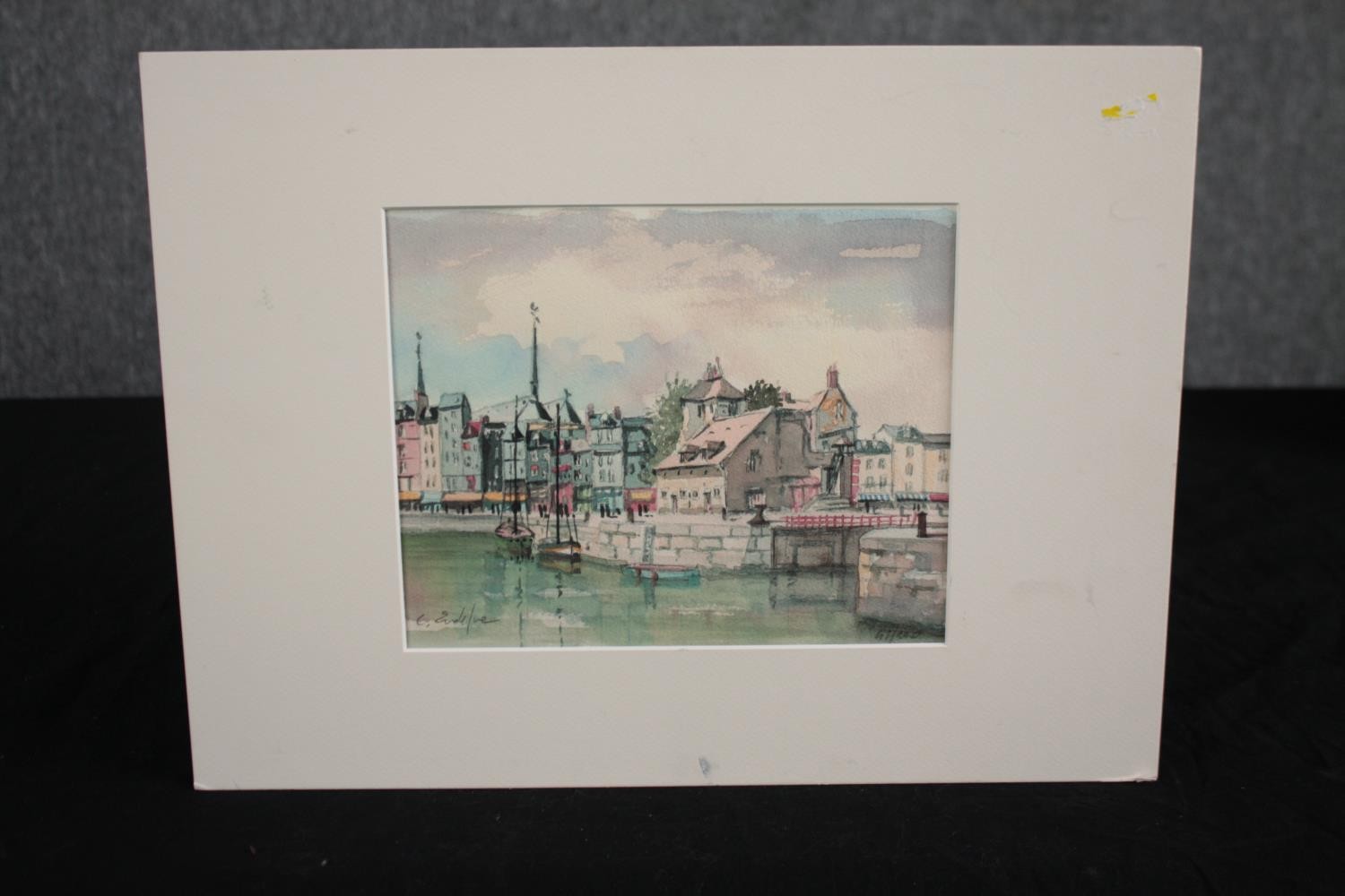 Watercolour. A harbour scene. Mounted, but unframed. Signed in pencil low right. H.30 W.40cm. - Image 2 of 5
