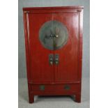 Hall cupboard, Chinese lacquered with incised bronze locking plate and fitted with base drawers. H.