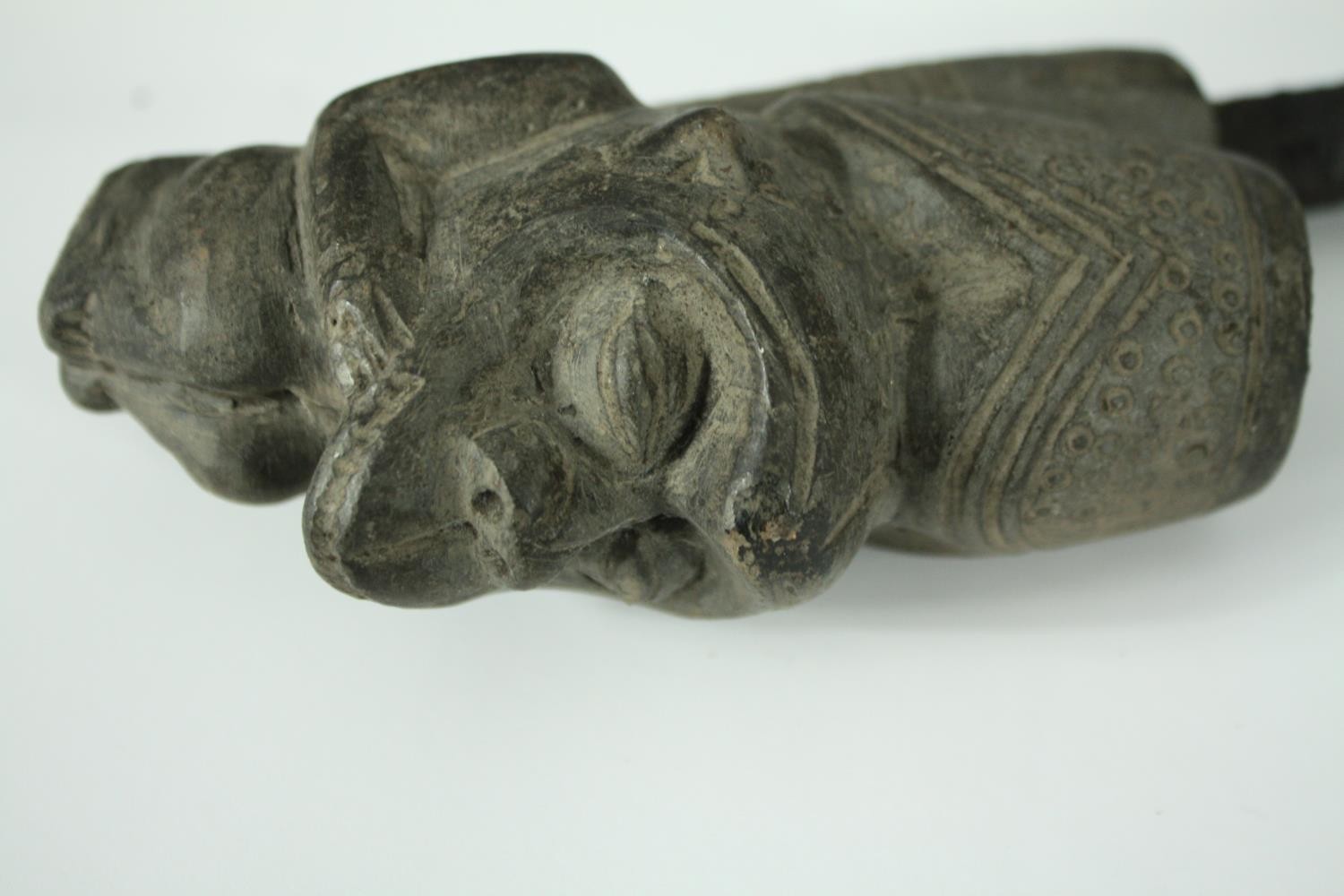 A Cameroon terracotta, metal and bone shaman's pipe along with a similar example. L.38cm. (Largest) - Image 5 of 6