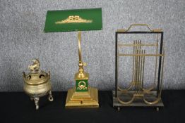 A Chinese censer with Foo dog finial, a brass and Toleware banker's lamp and a vintage brass and