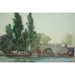 Watercolour, Kingston Bridge, indistinctly titled and signed to the reverse. H.42 W.50cm.