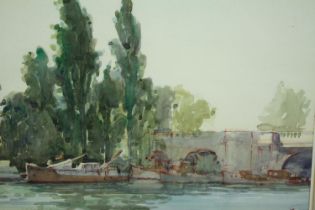 Watercolour, Kingston Bridge, indistinctly titled and signed to the reverse. H.42 W.50cm.