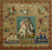 A large 19th century framed and glazed needlework sampler, signed and dated 1863. H.78 W.80cm.