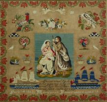 A large 19th century framed and glazed needlework sampler, signed and dated 1863. H.78 W.80cm.