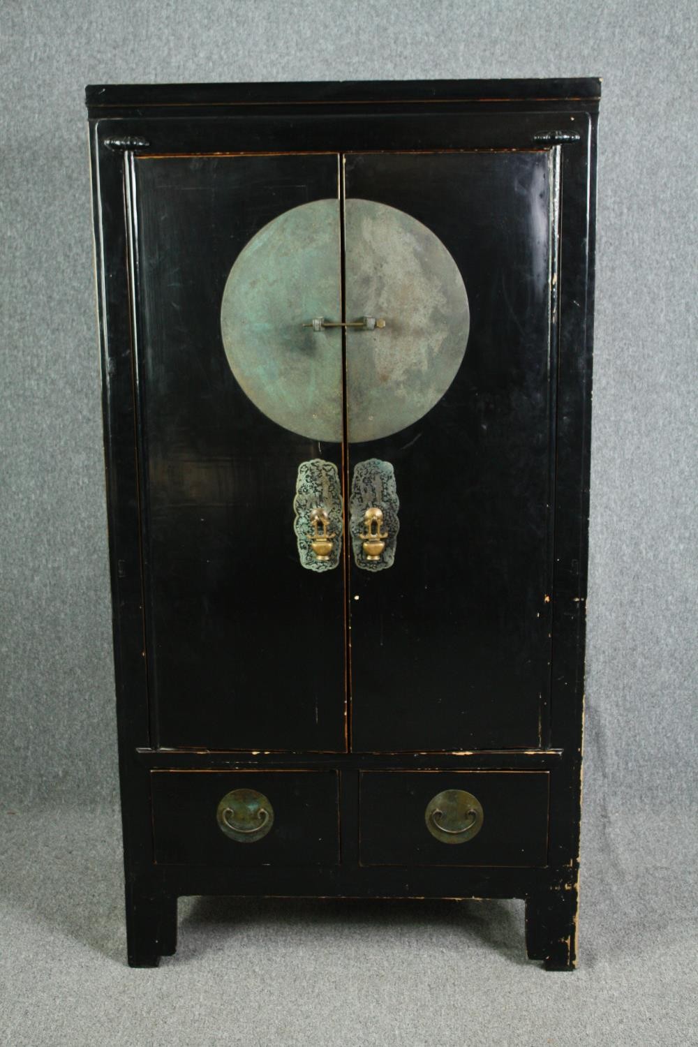 Hall cupboard, Chinese lacquered fitted with base drawers. H.174 W.92 D.53cm.