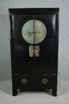 Hall cupboard, Chinese lacquered fitted with base drawers. H.174 W.92 D.53cm.