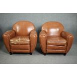 Armchairs, Art Deco style upholstered in faux leather. H.85 W.86 D.78cm. (Each) (Worn as seen).